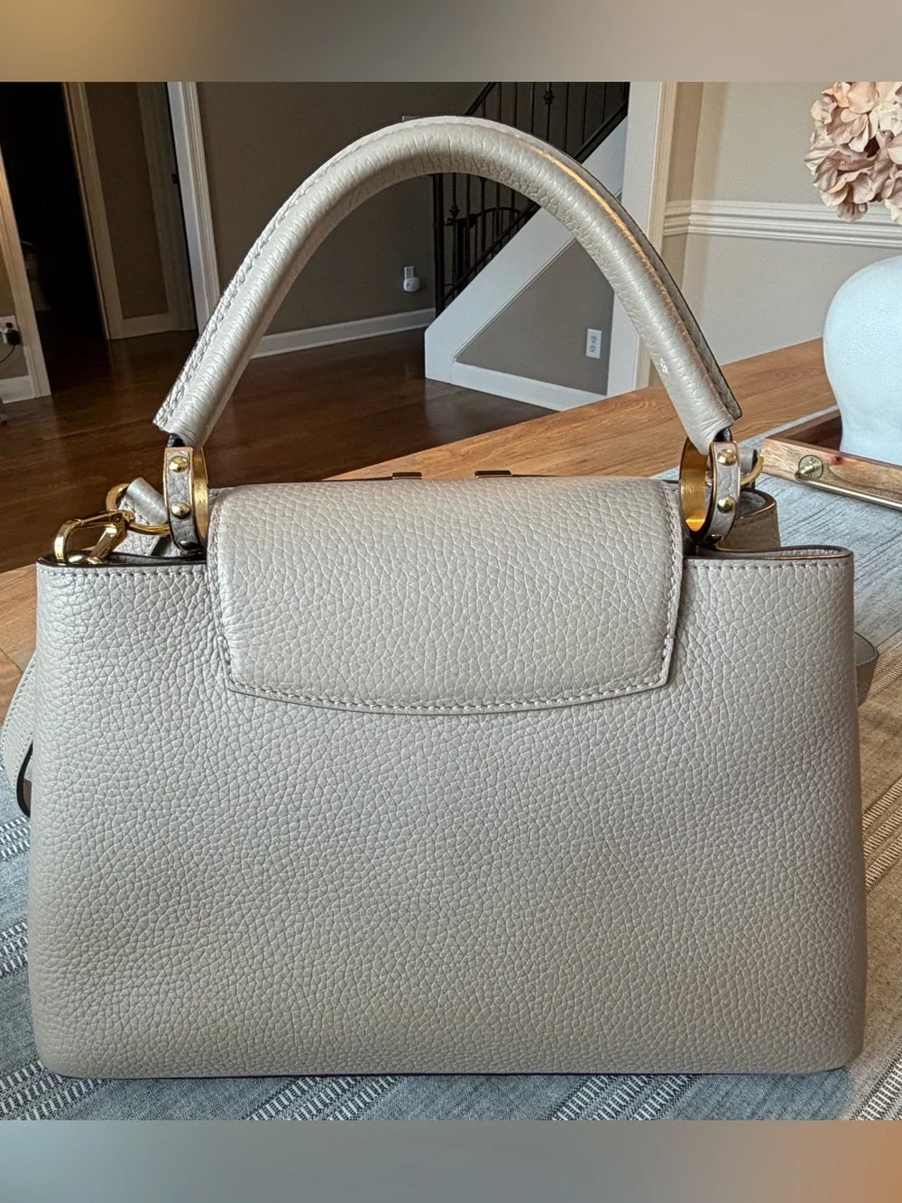 Louis Vuitton Beige/Light Taupe Leather Satchel with Gold LV Accent